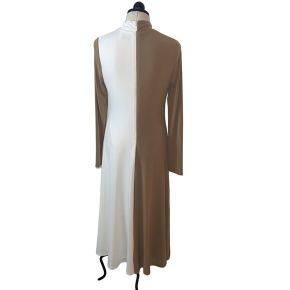 Halston Adelina Jersey Dress Size 8 Tan White Colorblock Twisted Neck Pullover - Picture 4 of 9